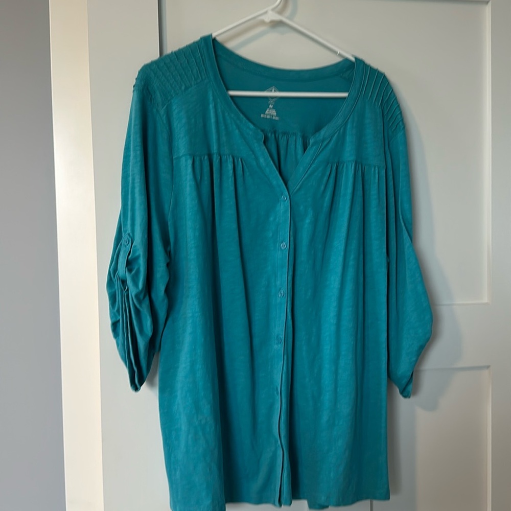 3x turquoise top with button sleeve by St. Johns Bay